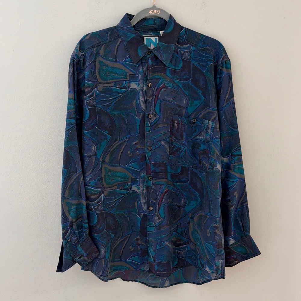 In Private Mens Medium  100%‎ Silk Abstract Mosaic Button Down Shirt Blue Teal